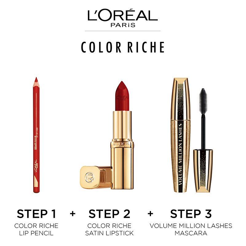 L'Oreal Paris Color Riche Satin Regime: Color Riche Lip Pencil, Color Riche Satin Lipstick and Volume Million Lashes Mascara.